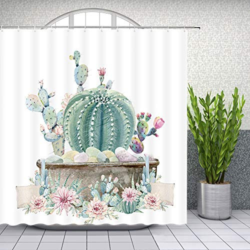 Lileihao Cactus Flower Shower Curtain Watercolor Plant Bathroom Decor Floral Shower Curtains Set Waterproof Polyester Fabric 69 x 70 Inch with Hooks Green Purple Red