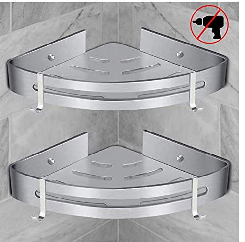 YANSHON 2 Pack Bathroom Corner Shelf, Durable Aluminum Adhesive Shower Caddy Corner Kitchen Storage Basket, Wall Mounted Corner Storage Holder Shelves for Toilet, Dorm and Kitchen (Silver)