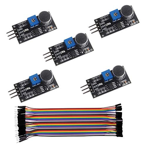 5PCS LM393 Sound Detection Sensor Microphone Module, for Arduino, 3.3-5V Digital Onboard Potentiometer Led Indicator, 40P Female to Male Dupont Cable