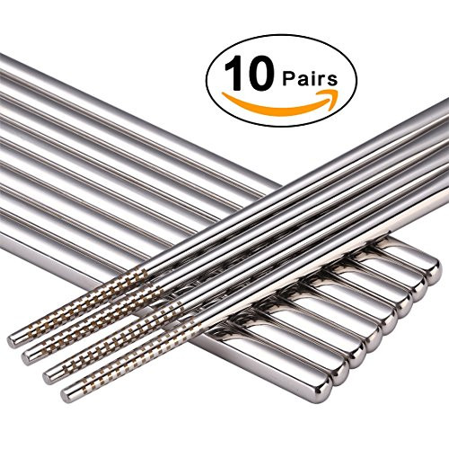 Chopsticks, 10-Pair Reusable Metal Chopsticks, 18/10 Stainless Steel Chopstick Set, 9.45 Inch Length, Lightweight, Easy to Gripasp, Dishwasher Safe