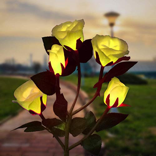 Outdoor Solar Garden Stake Rose Lights, LED Solar Powered Light with 5 Rose Flowers, Waterproof Solar Landscape Lighting Decorative Lights for Garden, Patio, Yard, Backyard, Pathway, Wedding (Yellow)