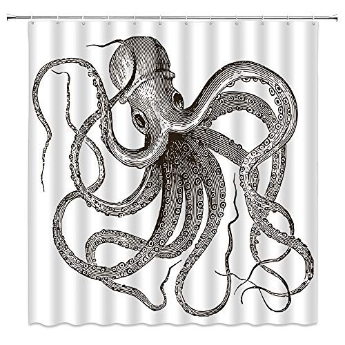 BST Octopus Shower Curtain Kraken Tentacles Ocean Sea Monster Marine Life Painting Art Simple Black White Bathroom Curtains Decor Polyester Fabric Quick Drying 70x70 Inches Include Hooks