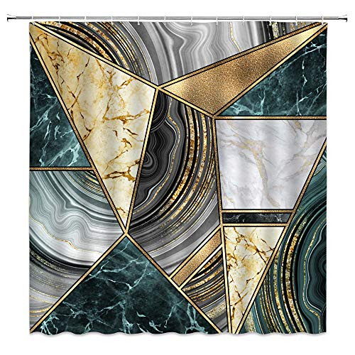 Geometric Marble Shower Curtain Abstract Marble Triangle Stripes Line Gold Creative Blue Dark Teal Bathroom Curtains Decor Polyester Fabric Quick Drying 70X70 Inches Include Hooks