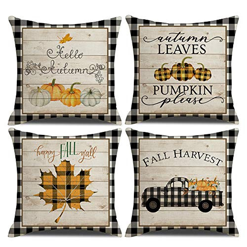 KACOPOL Fall Decorative Pillow Covers Buffalo Plaids Pumpkin Maple Leaves Fall Harvest Truck Farmhouse Decor Cotton Linen Throw Pillow Case Cushion Cover 18" x 18" Set of 4?Fall Buffalo Plaids-4 Pack? KACOPOL Fall Decorative Pillow Covers Buffalo Plaids Pumpkin Maple Leaves Fall Harvest Truck Farmhouse Decor Cotton Linen Throw Pillow Case Cushion Cover 18" x 18" Set of 4?Fall Buffalo Plaids-4 Pack?