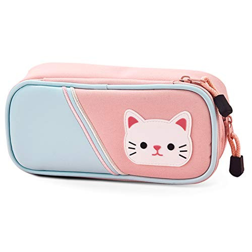 iSuperb Pencil Case Cute Cat Large Capacity Double Layer Pencil Pouch Compartment Zipper Stationery Storage Organizer Bag Makeup Pouch for Girls Women (Pink+Blue)