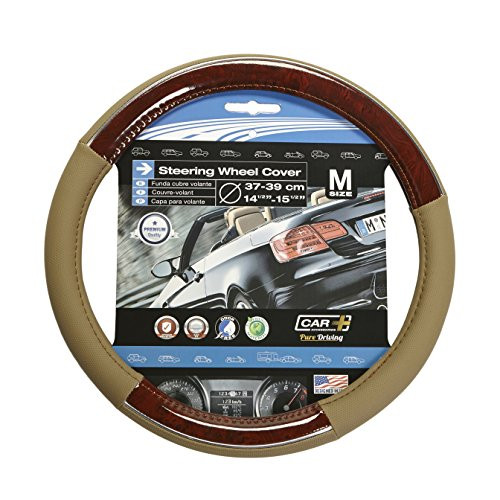CHROME LINE steering wheel cover, Two tone Tan and Wood Grain design with a Chrome accent, fits all 14.5" to 15.5" (M) steering wheels. Bring luxury to your car's interior