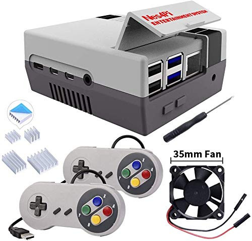 GeeekPi Retro Gaming Nes4Pi Case for Raspberry Pi 4 Model B, Raspberry Pi 4 Case with Fan Raspberry Pi Cooling Fan Raspberry Pi Heatsinks for Raspberry Pi 4 Model B (Case with Game Controllers)