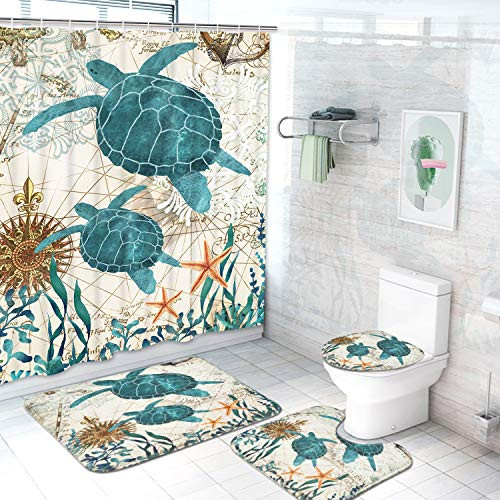 Ikfashoni Sea Turtle Shower Curtain with Non-Slip Rugs Toilet Lid Cover and Bath Mat Ocean Creature Landscape Bathroom Curtain with 12 Hooks Durable Watereproof Fabric Shower Curtain Sets