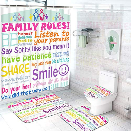 Ikfashoni 4Pcs Family Rules Shower Curtain Set with Non-Slip Rugs, Toilet Lid Cover and Bath Mat, Educational Shower Curtain with 12 Hooks, Durable Waterproof Fabric Shower Curtain for Bathroom