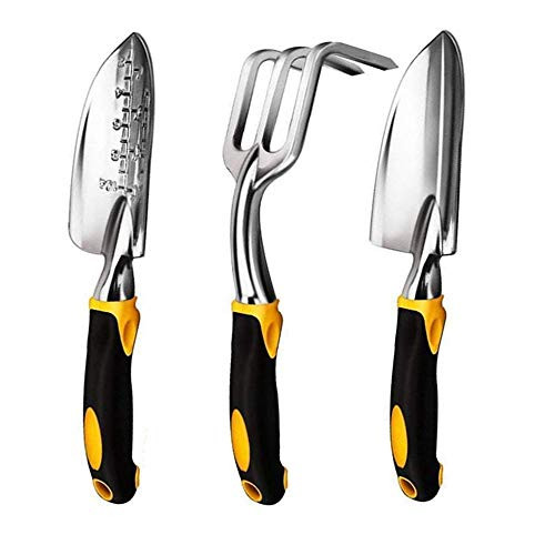 Garden Tools for Gardening Set, 3 Piece Heavy Duty Stainless Steel Gardening Gifts Kit with Soft Rubberized Handle,Trowel,Shovel, Transplant Trowel, Cultivator Hand Rake