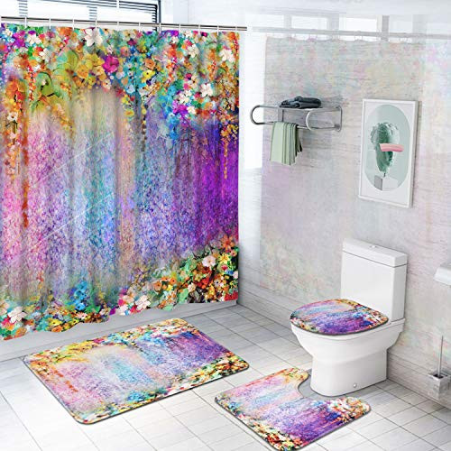 Krelymics 4 Piece Colorful Flower Shower Curtain Set with Non-Slip Rug, Toilet Lid Cover, Bath Mat and 12 Hooks, Floral Lotus Waterproof Shower Curtain Set for Bathroom