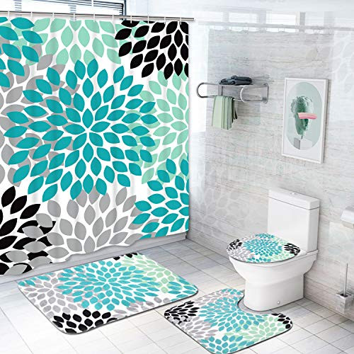 Krelymics 4 Piece Dahlia Pinnata Shower Curtain Sets with Non-Slip Rug, Toilet Lid Cover, Bath Mat and 12 Hooks, Flower Shower Curtain Durable Waterproof Bath Curtain