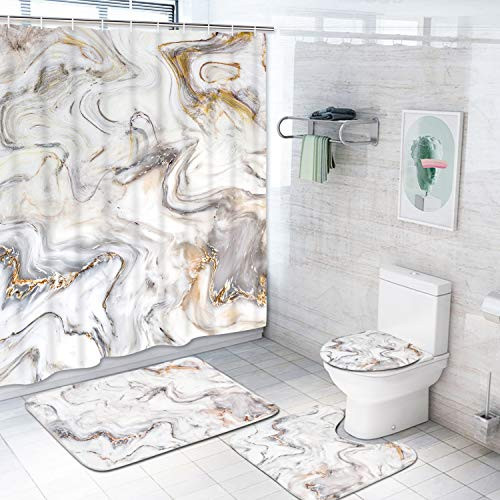 Krelymics 4 Piece Marble Texture Shower Curtain Sets with Non-Slip Rugs, Toilet Lid Cover and Bath Mat, Natural Marble Shower Curtain with 12 Hooks, Durable Waterproof Shower Curtain