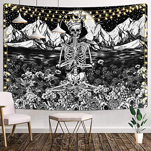 Skull Tapestry Meditation Skeleton Tapestry Flower Tapestry Mountain Tapestry Moon and Star Tapestry Starry Night Sky Tapestry Black and White Tarot Tapestry for Room (59.1 x 82.7 inches)
