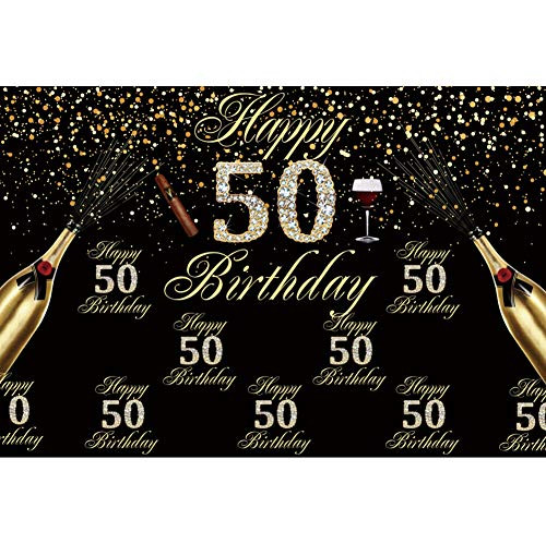 OERJU 9x6ft Gold and Black Happy 50th Birthday Backdrop Golden Glittering Spots Sequins Shining Diamonds Fifty Years Old Birthday Photography Background 50th Birthday Party Banner Photo Booth Props