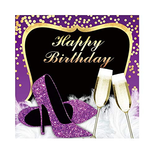 CSFOTO 6.5x6.5ft Happy Birthday Backdrop for Women Champagne Glitter Purple Crystal High Heels Shoes Black and Gold Birthday Party Background for Photography Cake Table Decor Vinyl Wallpaper