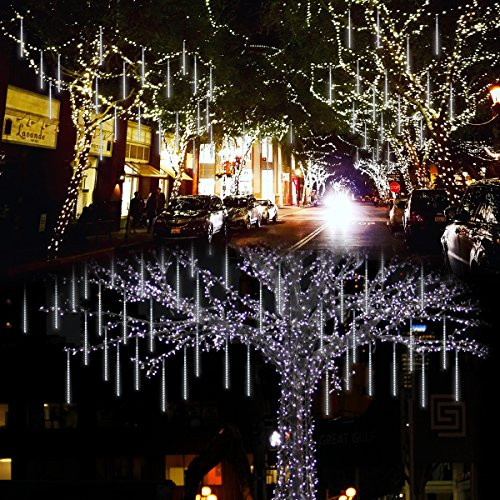 Lalapao Outdoor Christmas String Lights Solar Powered LED Meteor Shower Rain Lights Xmas Falling Raindrop Light 8 Tubes 288 LED Cascading Fairy Lights for Tree Garden Wedding Party Home Decor (White)