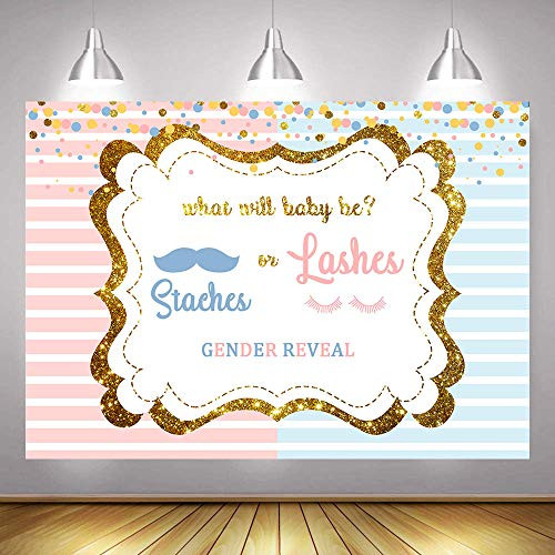 Staches or Lashes Gender Reveal Theme Backdrop 5x3ft Pink or Blue Striped Gender Reveal Boy or Girl Pink Blue Baby Shower Photography Background Cake Table Banner Photo Studio Props Vinyl