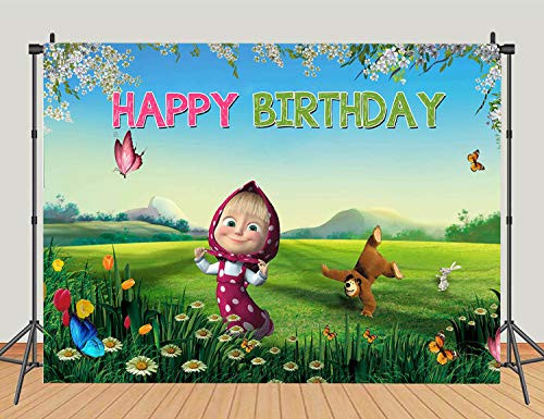 7x5ft Masha and The Bear Photography Background Cartoon Bear Rabbit Girls Priness Birthday Party Backdrops Blue Sky Green Grass Baby Shower Cake Table Decoration Photo Studio Booth Banner