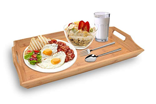 Serving Tray with Handles, Bamboo Wood Trays for Coffee Table Breakfast Dinner Parties, Suitable for Bed Tray Breakfast Tray Bar Tray Restaurant Tray