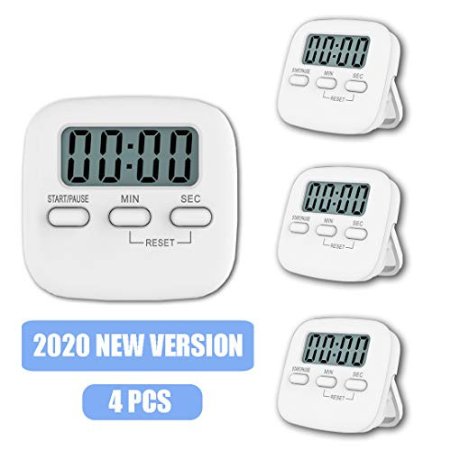 4 Pack Kitchen Timer, Digital Magnetic Back Cooking Timer with Loud Alarm Big Digits Back Stand for Cooking Studying Classroom Bathroom - White