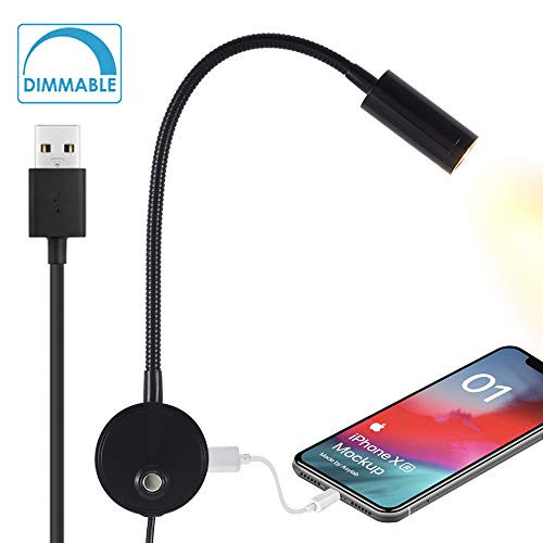 Bedside Reading Wall Light with USB Charging Port, LED Dimmable Wall Mounted Lamp, Flexible Wall Sconce, Black Finished, Adapter Not Included(3W Warm White)