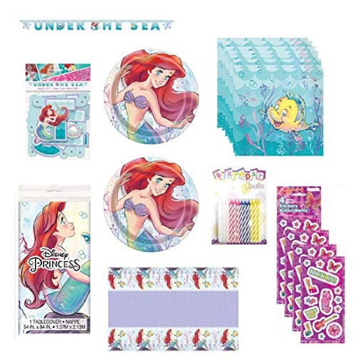 Little Mermaid Ariel Birthday Party Supplies Bundle for 16 includes Plates, Napkins, Table Cover, Banner, Stickers, Candles