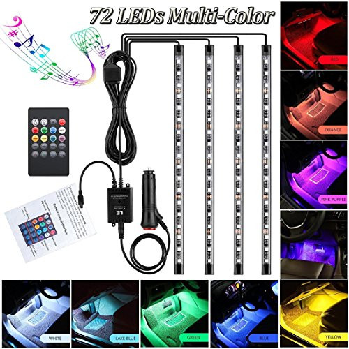Car LED Strip Light for Cars,72 LED Car Interior Lights 12V Multicolor RGB Interior Car Atmosphere Neon Lights Under Dash Lighting Kit with Music Sound Active Wireless Remote Control, (12V- 72 LEDs)