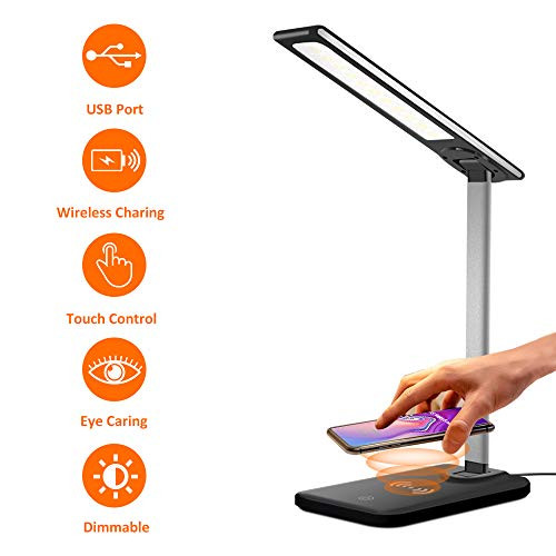 HARMONIC LED Desk Lamp,Wireless Charging Desk lamp,USB Charging Port,3 Lighting Modes,6 Brightness Levels,Dimmable Eye-Caring Desk Light for Office,Home,Dormitory(Adapter Included)