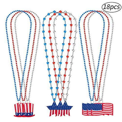 Biubee 18 Pcs Patriotic Necklaces- 3 Various Styles Patriotic Star Necklaces Patriotic Red Silver & Blue Metallic Star Bead Necklaces for American Independence Day Veteran Day Party Favors