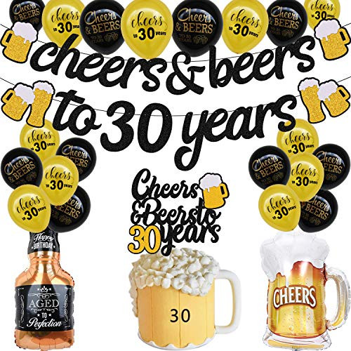 30s Birthday Decorations Cheers & Beers to 30 Years Banner fifty Cake Topper 35" Beer Mug Foil Balloon 12" Black Gold Latex Ballon for Men Women 30th Birthday Backdrop Wedding Anniversary Party Suppli