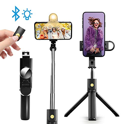 Selfie Stick Phone Tripod Stand - Portable Cellphone Tripod with Bluetooth Remote & Fill Light, Lightweight Smartphone Tripod for iPhone & Android Phone, Extendable to 27.6''