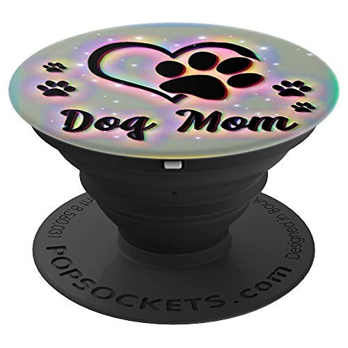Dog Mom Gift Cute Dog Paw Print Heart Black Rainbow PopSockets Grip and Stand for Phones and Tablets
