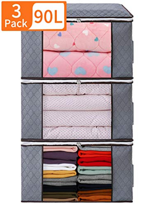 3 Pack Storage Bag Organizers, DOOOB Large Capacity Clothes Storage Bag for Closet Comforter, Bedding, Clothes, Blanket with Reinforced Handle Foldable for Closet and Underbed Storage (Light grey-90L)