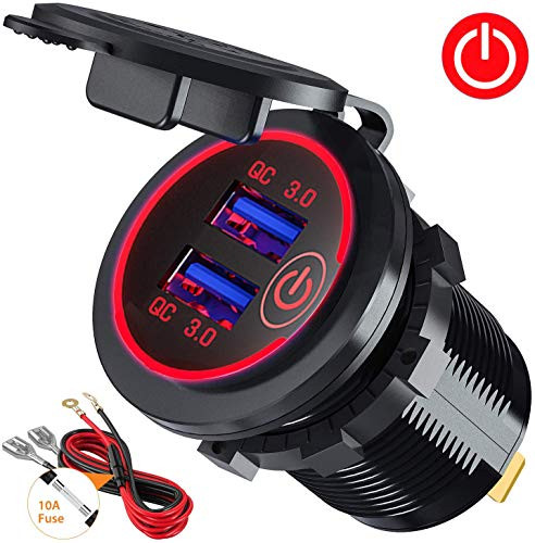 Quick Charge 3.0 Dual USB Car Charger Socket with Touch Switch 12V/24V 36W QC3.0 Dual USB Fast Charger Socket Power Outlet for Marine, Boat, Motorcycle, Truck, Golf Cart(Red)
