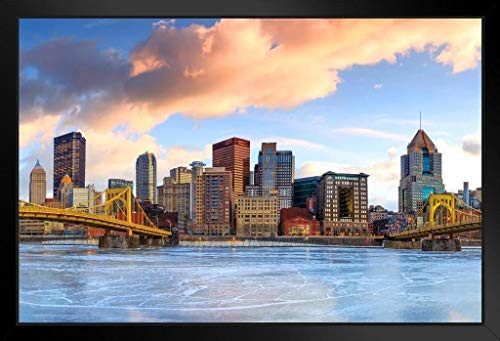 Downtown Pittsburgh Skyline Frozen River Skyline Sunrise Photo Black Wood Framed Art Poster 20x14