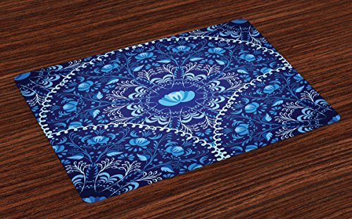 Ambesonne Navy Blue Place Mats Set of 4, Circular and Floral Alike Oriental Style Patterned Design Artwork, Washable Fabric Placemats for Dining Table, Standard Size, Navy Blue
