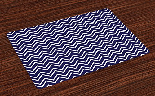 Ambesonne Navy Blue Place Mats Set of 4, Navy Blue Color Background with Zig Zag Patterned Modern Design Artwork, Washable Fabric Placemats for Dining Table, Standard Size