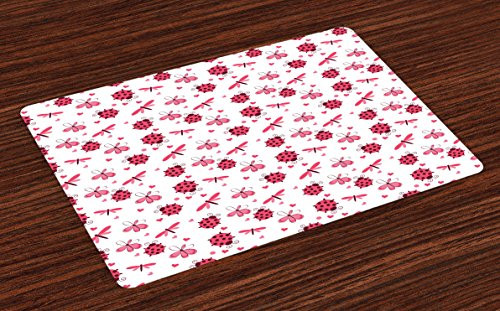 Ambesonne Ladybugs Place Mats Set of 4, Domed Back Round Ladybugs with Hearts Flowers Dragonflies Romantic Wings Pattern, Washable Fabric Placemats for Dining Table, Standard Size, White Red Ambesonne Ladybugs Place Mats Set of 4, Domed Back Round Ladybugs with Hearts Flowers Dragonflies Romantic Wings Pattern, Washable Fabric Placemats for Dining Table, Standard Size, White Red