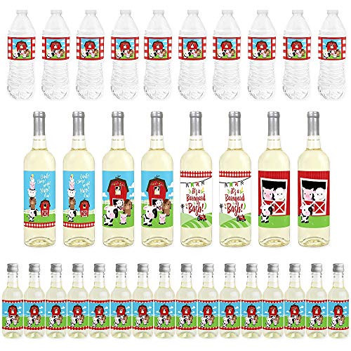 Big Dot of Happiness Farm Animals - Mini Wine Bottle Labels, Wine Bottle Labels and Water Bottle Labels - Barnyard Baby Shower or Birthday Party Decorations - Beverage Bar Kit - 34 Pieces