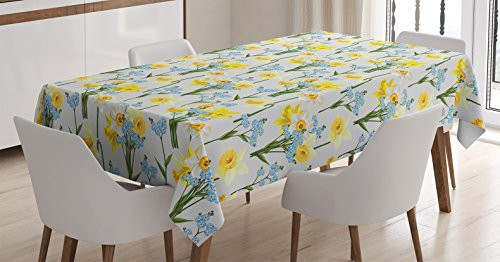 Ambesonne Daffodils Tablecloth, Forget Me Not Flowers and Daffodil Blossom Leaf Bouquet Spring Garden, Rectangular Table Cover for Dining Room Kitchen Decor, 52" X 70", Yellow Blue