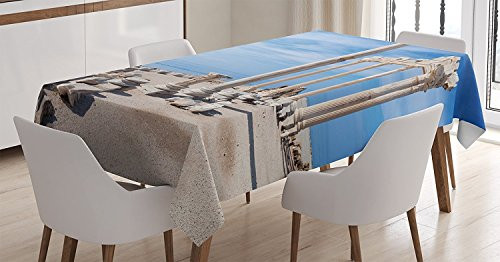 Ambesonne Architecture Tablecloth, Photography of Old Greek Building with Blue Sky Place and Ruins Image, Rectangular Table Cover for Dining Room Kitchen Decor, 60" X 90", Beige Blue