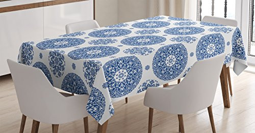 Ambesonne Vintage Tablecloth, French Country Style Floral Circular Pattern Lace Ornamental Snowflake Design Print, Dining Room Kitchen Rectangular Table Cover, 60" X 84", Blue White