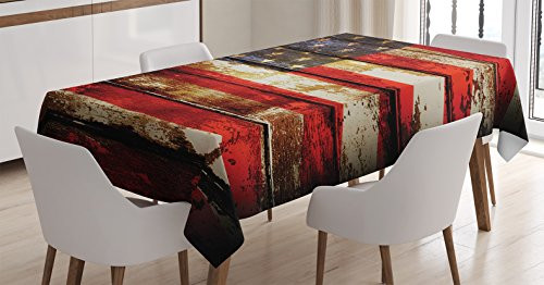 Ambesonne American Flag Tablecloth, Us Over Old Rusty Tones Weathered Vintage Social Plank Artwork, Rectangular Table Cover for Dining Room Kitchen Decor, 60" X 90", Red Blue