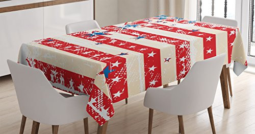 Ambesonne American Flag Tablecloth, USA National Star Horizontal Stripes Pride Grunge Design Image, Dining Room Kitchen Rectangular Table Cover, 60" X 84", Vermilion Blue