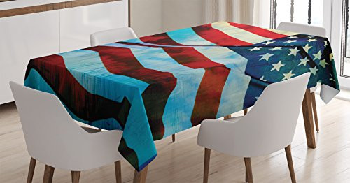 Ambesonne American Flag Tablecloth, American Flag in The Wind on Flagpole Memorial Patriotism History Image Print, Dining Room Kitchen Rectangular Table Cover, 60" X 84", Blue Red