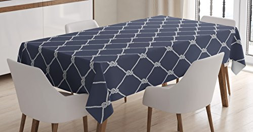 Ambesonne Navy Blue Tablecloth, Navy Sea Yacht Theme Cool Classic Vessel Design in Vertical Rope Artwork, Dining Room Kitchen Rectangular Table Cover, 60" X 84", Dark Blue