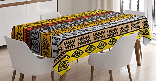 Ambesonne Tribal Tablecloth, Motifs with Hand Drawn Style Borders Pattern Artwork, Dining Room Kitchen Rectangular Table Cover, 60" X 84", Black Orange