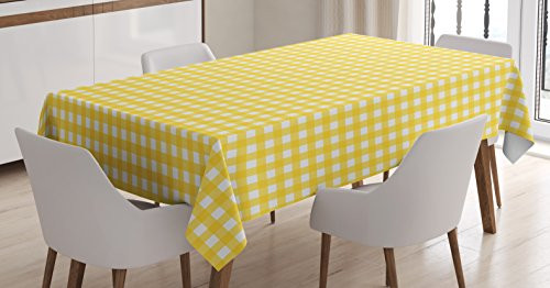 Ambesonne Checkered Tablecloth, Classic English Pattern in Yellow Picnic in Summertime Theme Retro Striped, Dining Room Kitchen Rectangular Table Cover, 52" X 70", Yellow White
