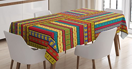 Ambesonne African Tablecloth, Borders Pattern Old Fashioned Culture Theme Colorful Print, Rectangular Table Cover for Dining Room Kitchen Decor, 60" X 90", Yellow Red